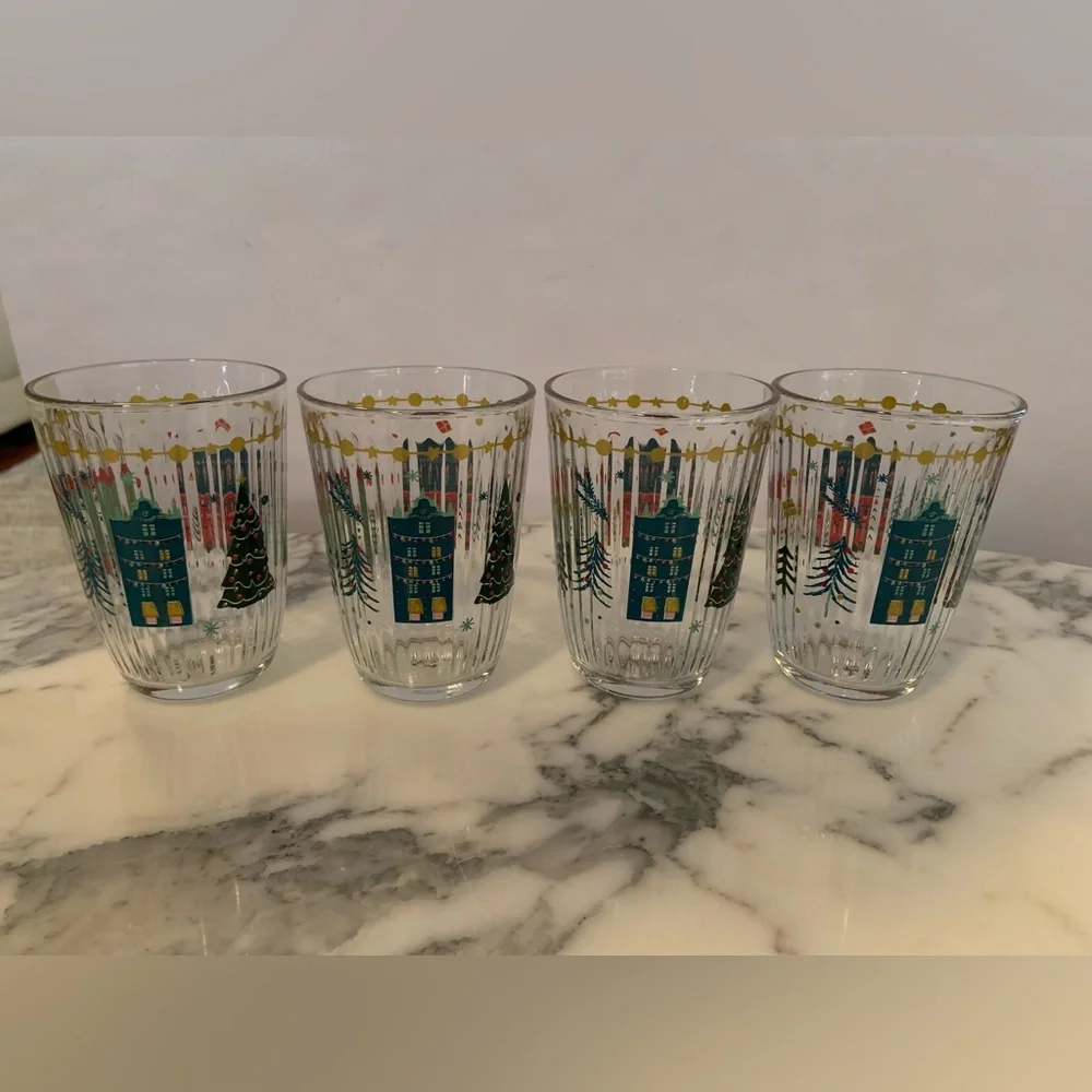 Rakle Holiday Village Christmas Tumblers Set Of 4 Ribbed Glass